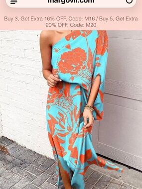 One-Shoulder Turquoise Floral Maxi Dress with Orange Print